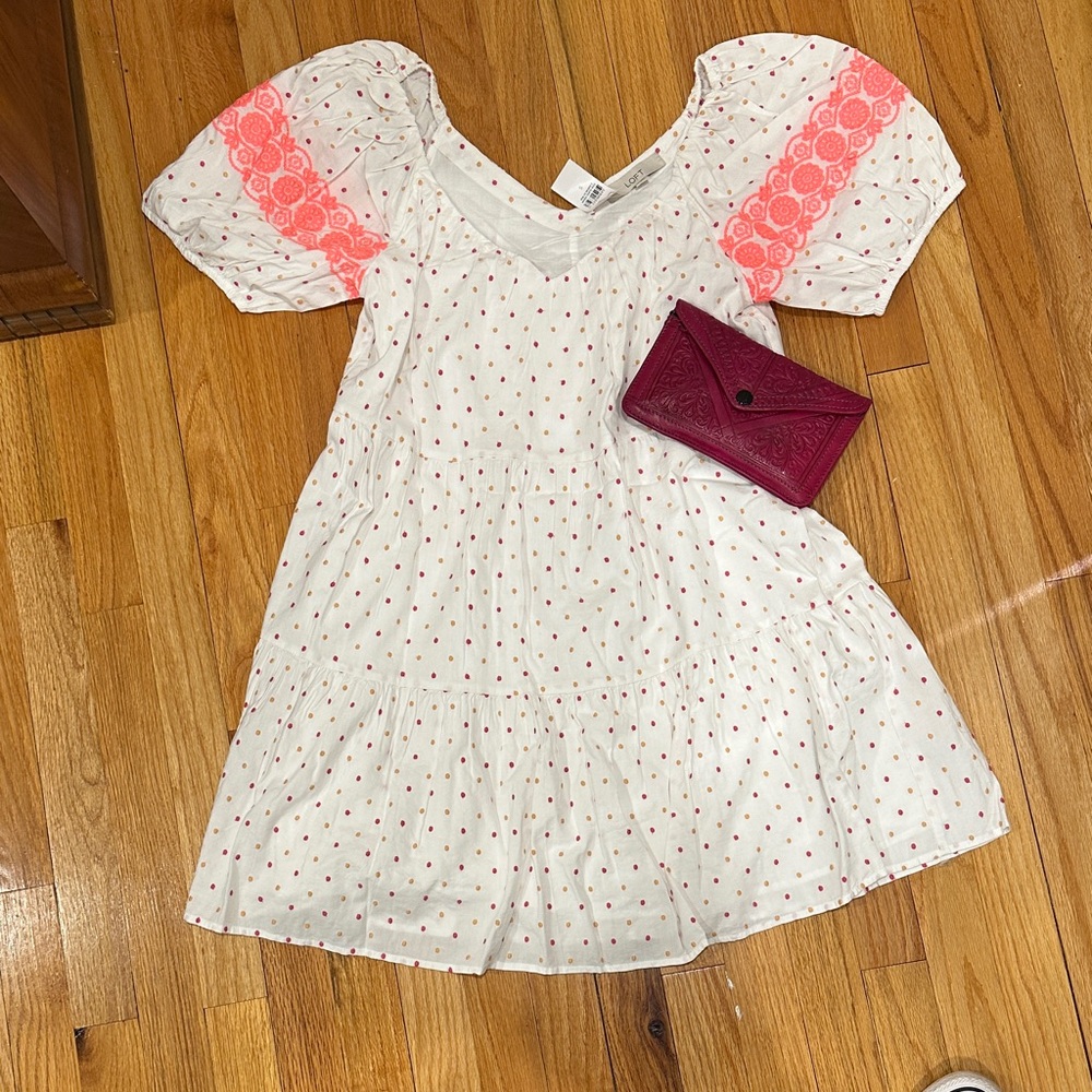 LOFT White Dress with Pink Polka Dots and Lace